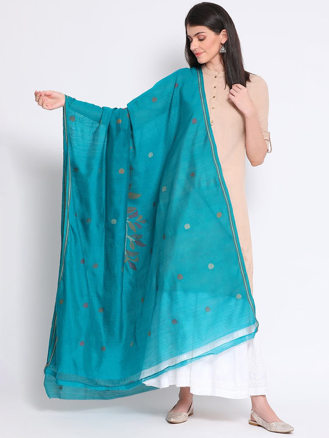 UNSTITCHED SUIT SET PIECE IN JAMDANI GICHA MULMUL IN TEAL GREEN