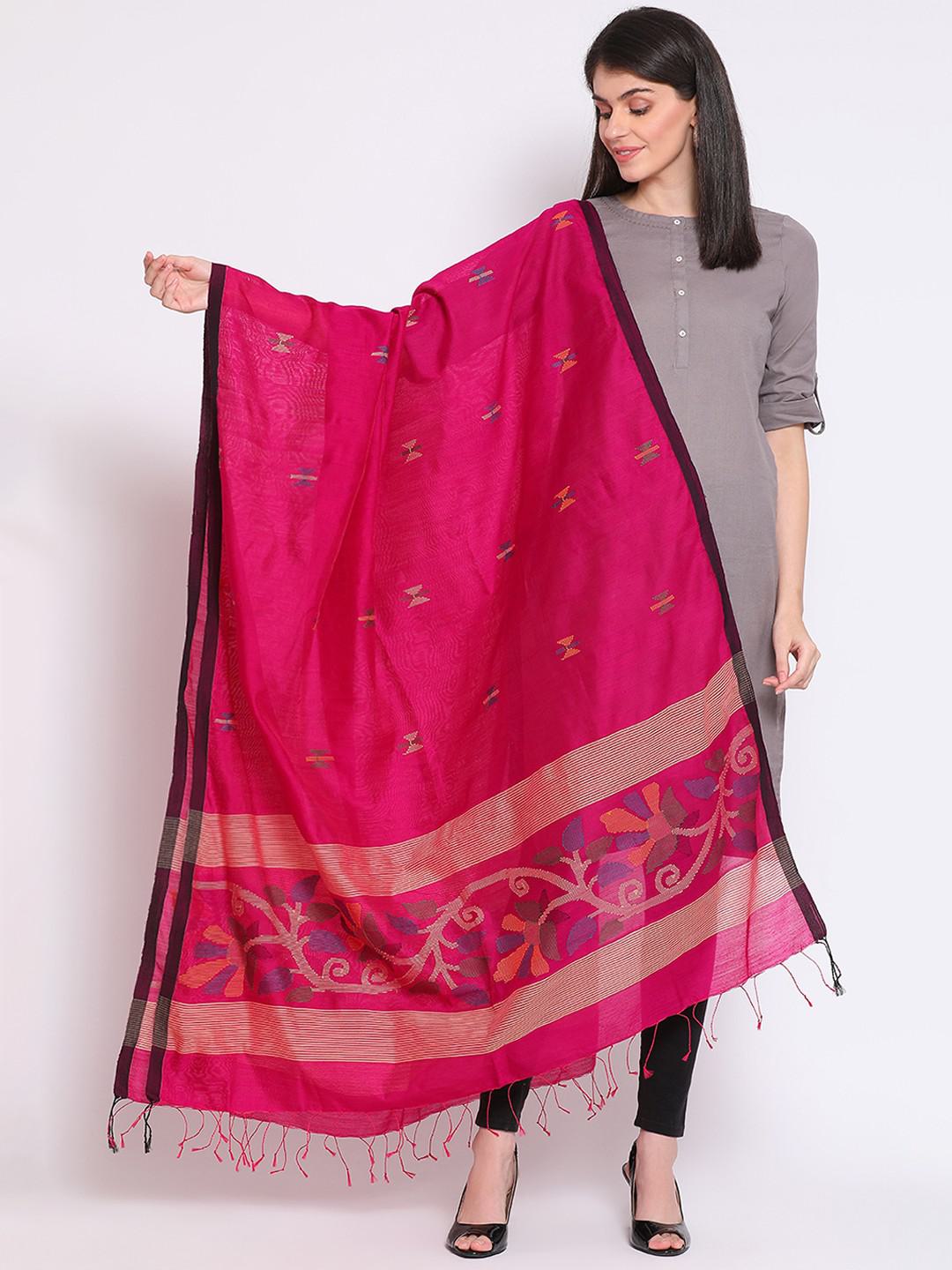 UNSTITCHED SUIT SET PIECE IN JAMDANI GICHA MULMUL IN FUCHSIA PINK