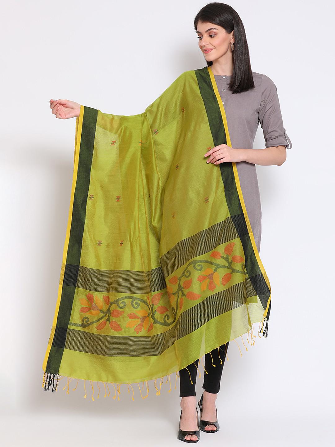 UNSTITCHED SUIT SET PIECE IN JAMDANI GICHA MULMUL IN LIME GREEN