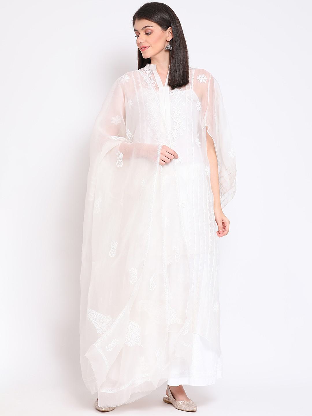 IVORY ORGANZA KURTA & DUPATTA WITH CHIKANKARI EMBROIDERY