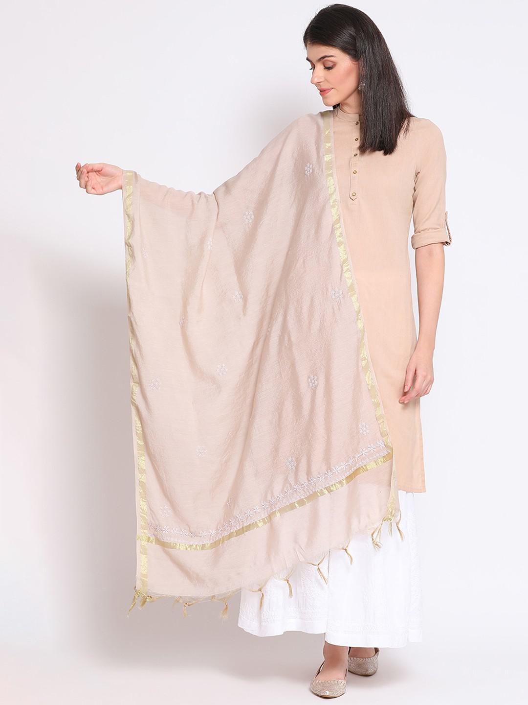 WHITE CHANDERI SILK KURTA & DUPATTA SET WITH CHIKANKARI EMBROIDERY