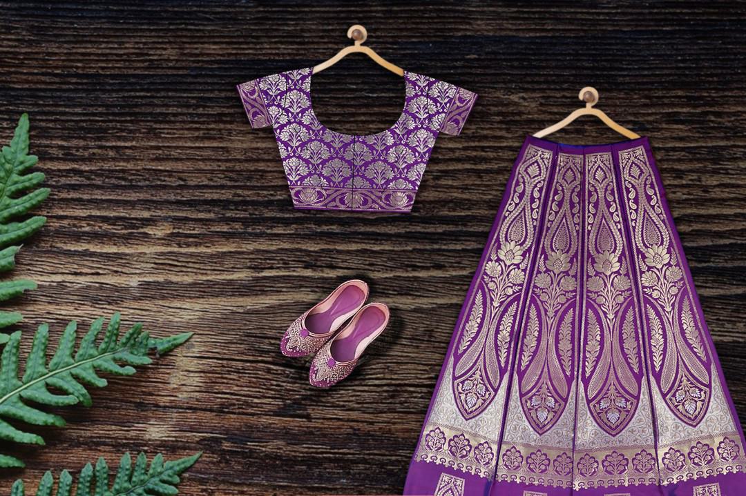 VIOLET PURE BENARASI KALIDAAR LEHENGA SET WITH HANDWOVEN KADHUA SONA RUPA ZARI EMBROIDERY