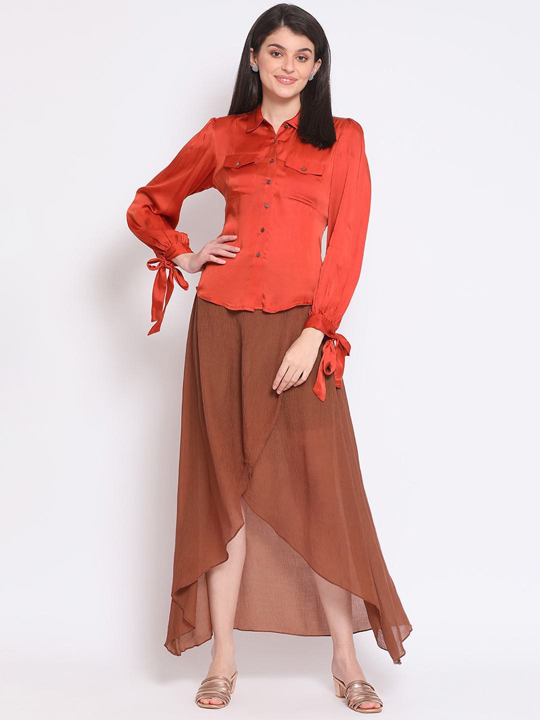 TWO PIECE COCKTAIL SET IN RUST & BROWN, MODAL SATIN TOP WITH CRINKLED COTTON SKIRT