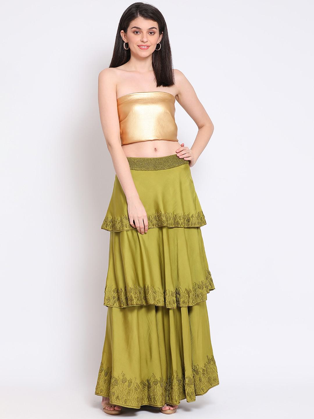 GREEN SATIN GEORGETTE SKIRT IN BIAS WITH HAND EMBROIDERY WITH FAUX LEATHER CORSET IN PALE GOLD