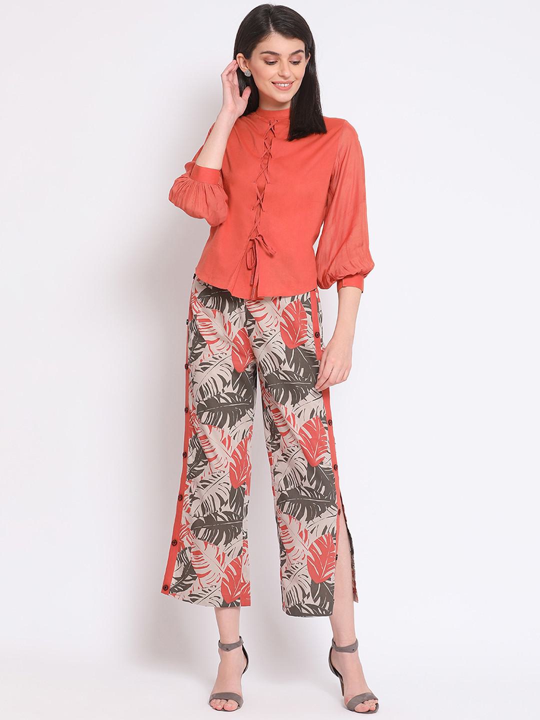 CASUAL TWO PIECE  SET, COTTON SILK SHIRT WITH COTTON POPLIN PRINTED PANT