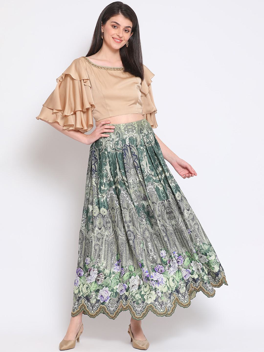 SATIN GEORGETTE BEIGE GOLD CROP TOP WITH VISCOSE CREPE GATHERED SKIRT