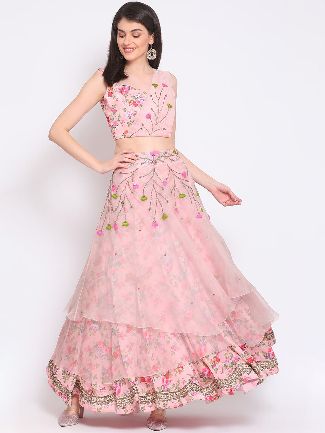 PRINTED SATIN CHIFFON & ORGANZA LEHENGA SET WITH EXTENSIVE WOOL EMBROIDERY