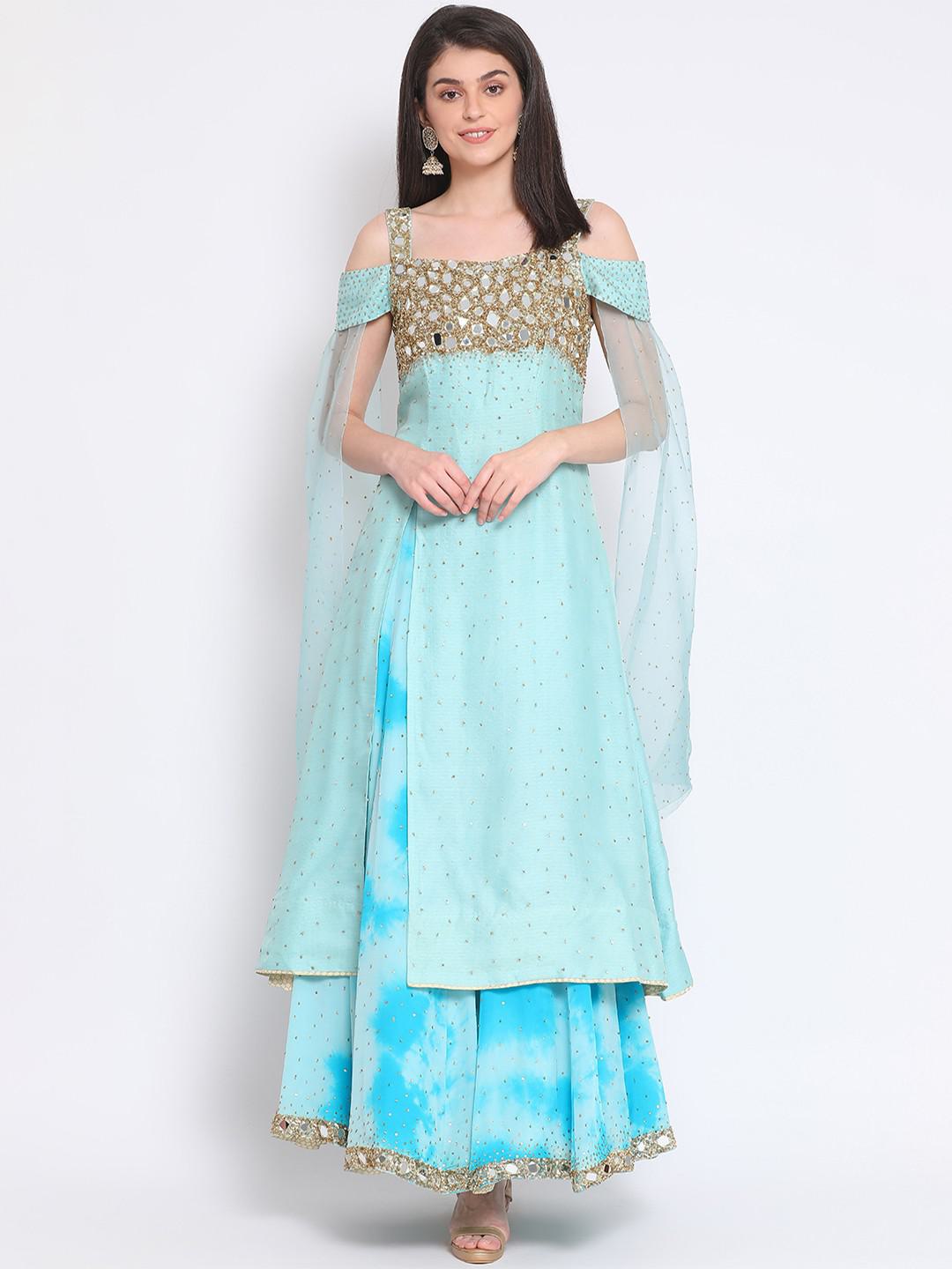 PALE BLUE COTTON JACQUARD & ORGANZA EMPIRE LINE KURTA WITH MIRROR WORK EMBROIDERYPAIRED WITH PURE CREPE SKIRT.