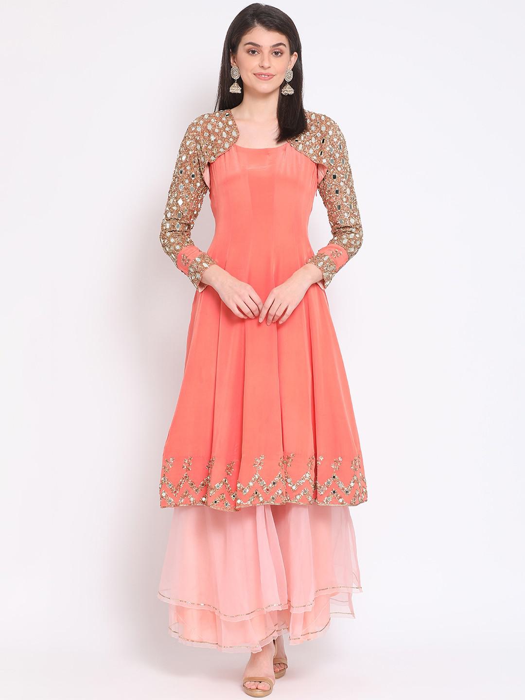 THREE PIECE SET OF PURE CREPE ANARKALI KURTA & BOLERO JACKET WITH ORGANZA SKIRT EMBELLLISHED WITH MIRROR WORK EMBROIDERY