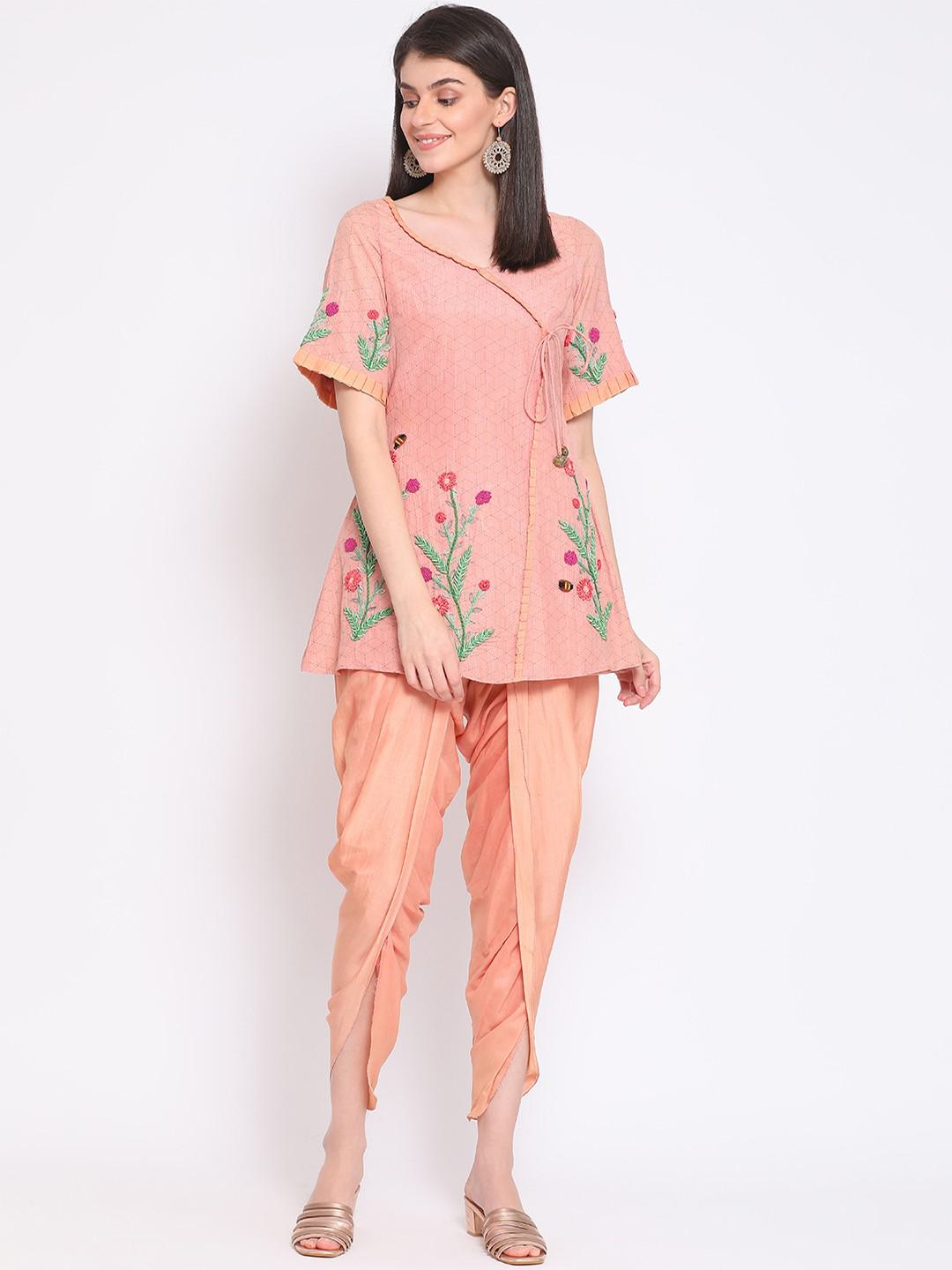 TEXTURED KHADI CHANDERI TUNIC WITH COTTON MODAL TILIP PANTS WITH HAND EMBROIDERY