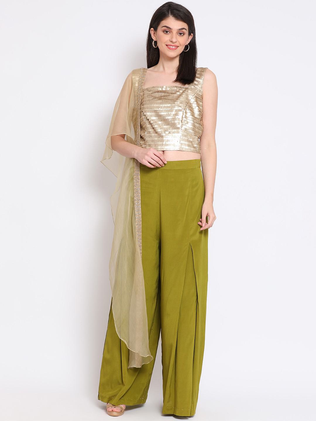 TWO PIECE TROUSER SET WITH DULL GOLD SEQUINS CROP TOP PAIRED WITH PURE CREPE CULOTTE WITH ORGANZA STOLE