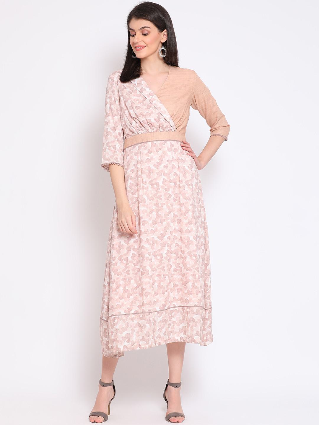 DUSTY PINK POPLIN PRINTED DRESS WITH HANDLOOM GICHA COTTON & LACE INSERTS