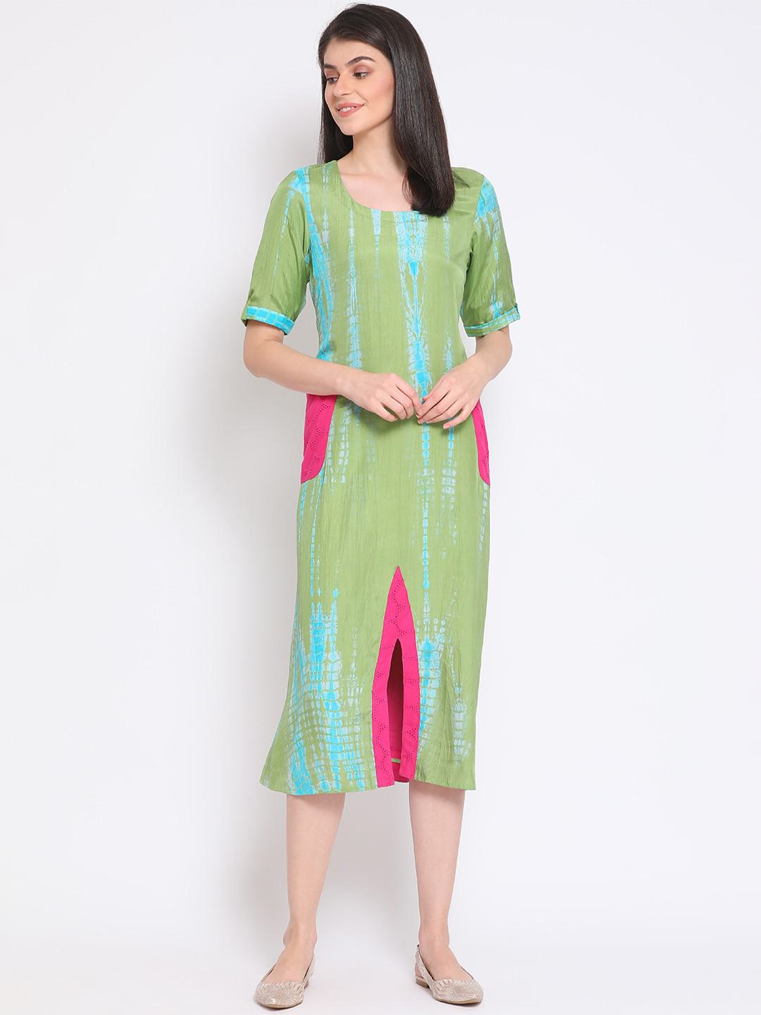 MIDI DRESS IN HABUTAI SILK IN GREEN TIE & DYE