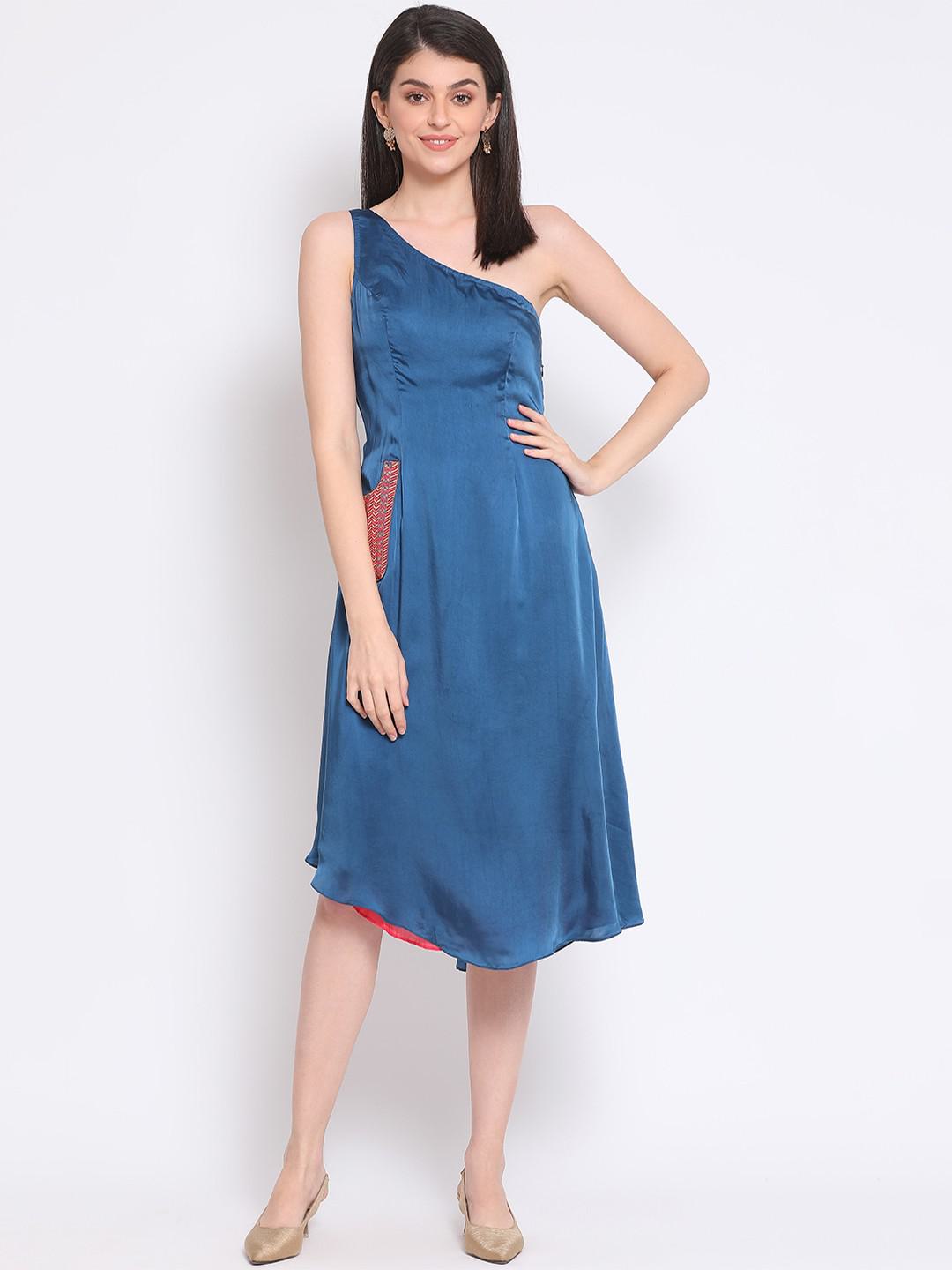 GRECIAN ONE SHOULDER BEMBERG SATIN MIDI DRESS IN BLUE & PINK