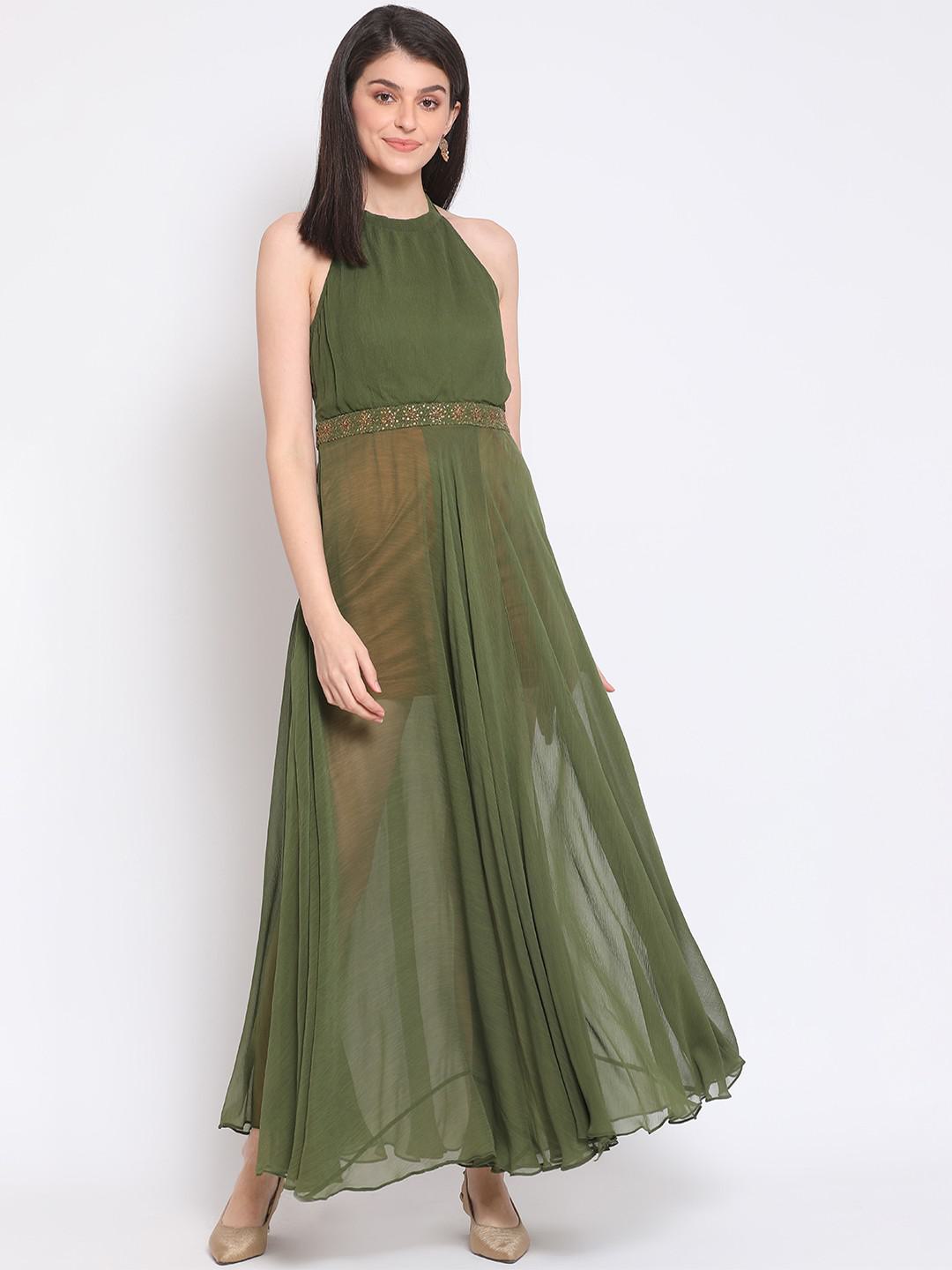 OLIVE GREEN COCKTAIL DRESS WITH SEQUINS EMBROIDERY