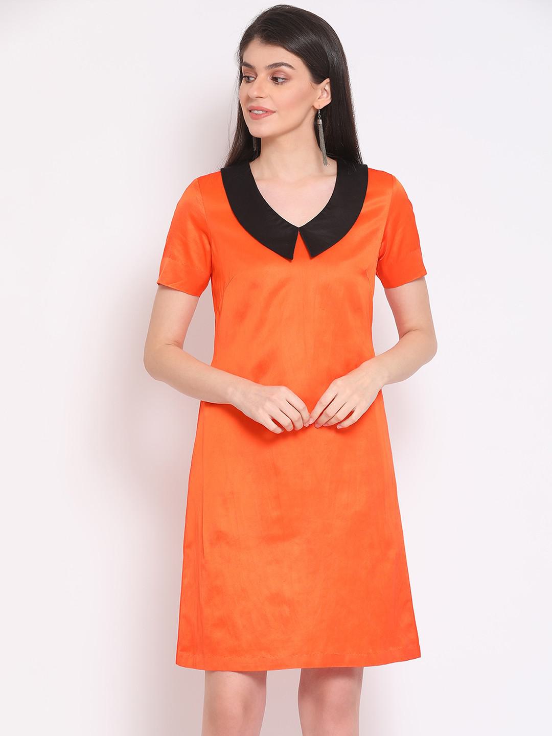 MUSHROO SATIN SHIFT DRESS IN ORANGE & BLACK