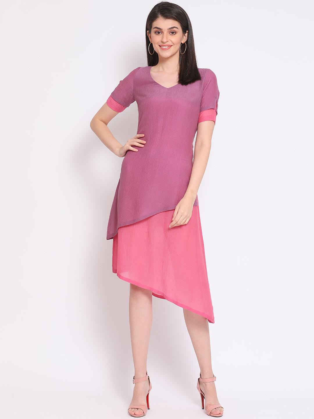 PINK & LAVENDER COLOUR CRINKLED COTTON SHIFT DRESS