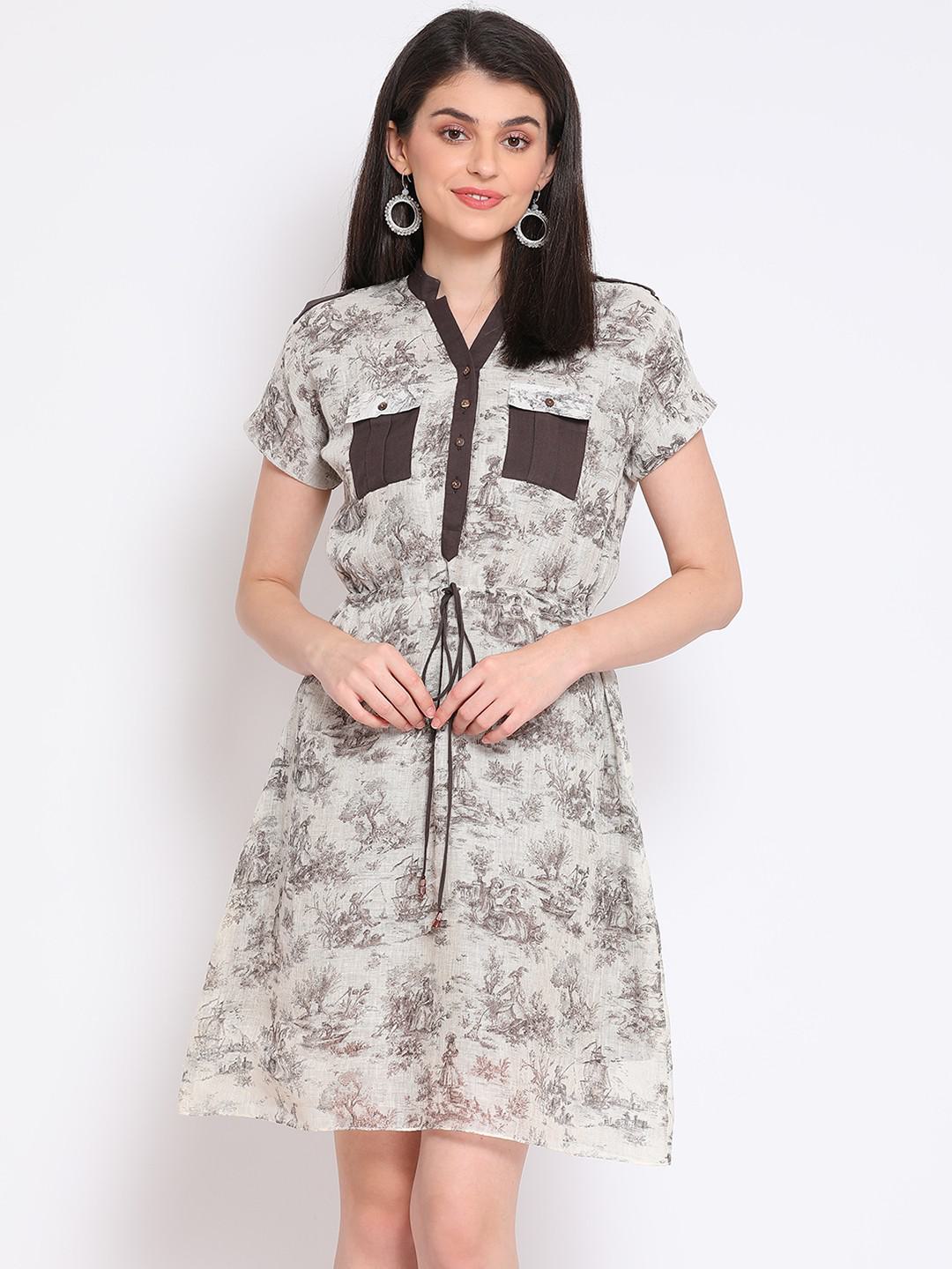 CASUAL LINEN SHIRT DRESS IN IVORY & BROWN PRINT