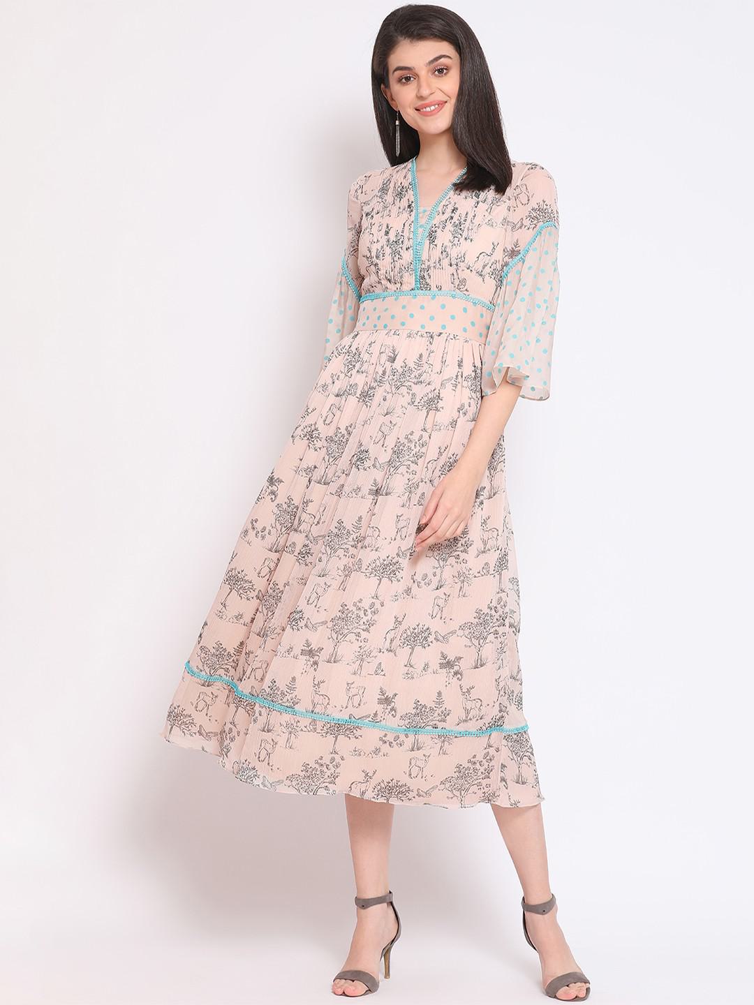 CASUAL POLY CHIFFON PRINTED DRESS WITH LACE DETAILING