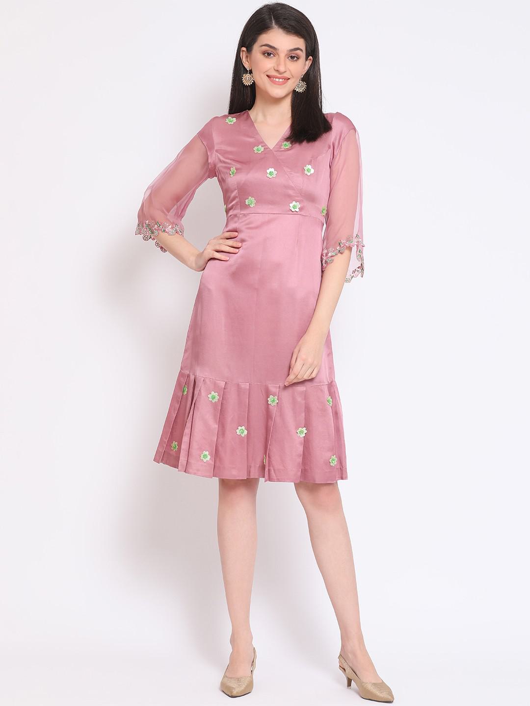 GLAZED COTTON SATIN & ORGANZA SILK  DRESS WITH DELICATE SEQUINS EMBROIDERY