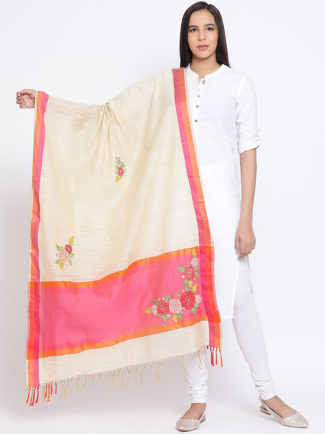 HANDLOOM TUSSAR COTTON EMBROIDERED DUPATTA IN IVORY WITH FUCHSIA BORDER