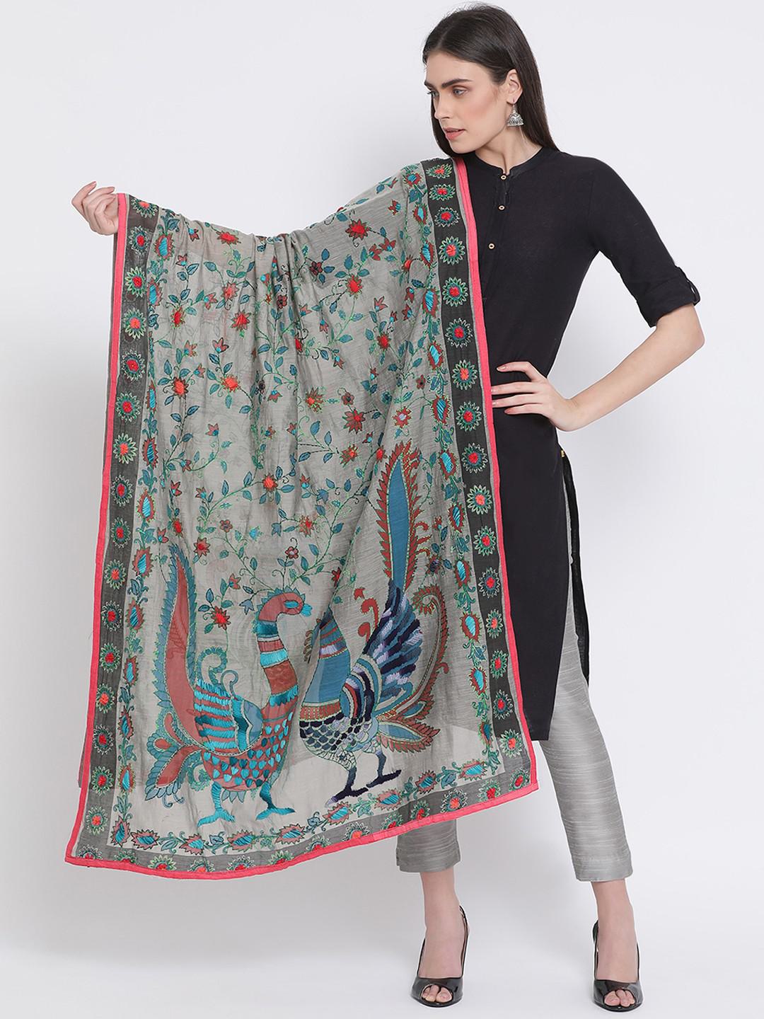 PURE COTTON DUPATTA WITH WOOL HANDWORK EMBROIDERY IN SLATE GREY