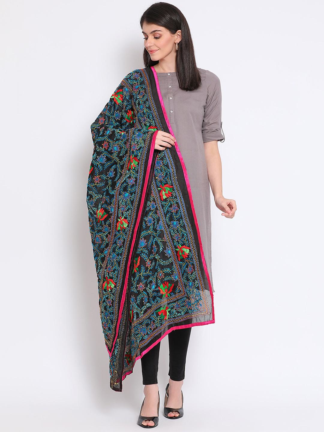 PURE COTTON DUPATTA WITH WOOL HANDWORK EMBROIDERY IN BLACK