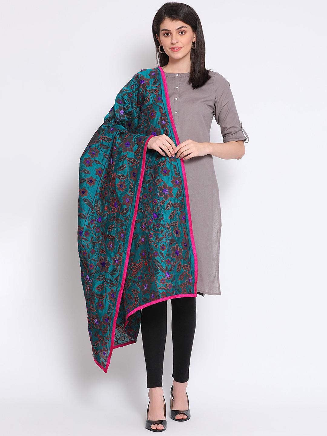 PURE COTTON DUPATTA WITH WOOL HANDWORK EMBROIDERY IN JUNIPER GREEN