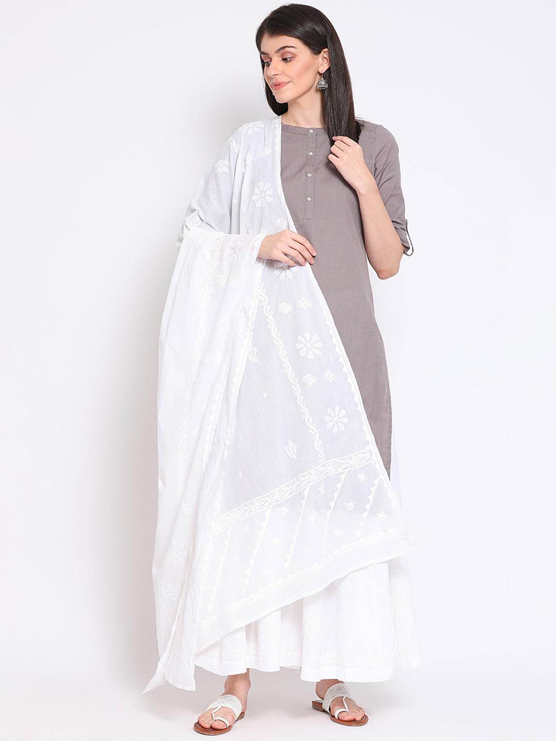 WHITE COTTON MULMUL DUPATTA WITH CHIKANKARI EMBROIDERY