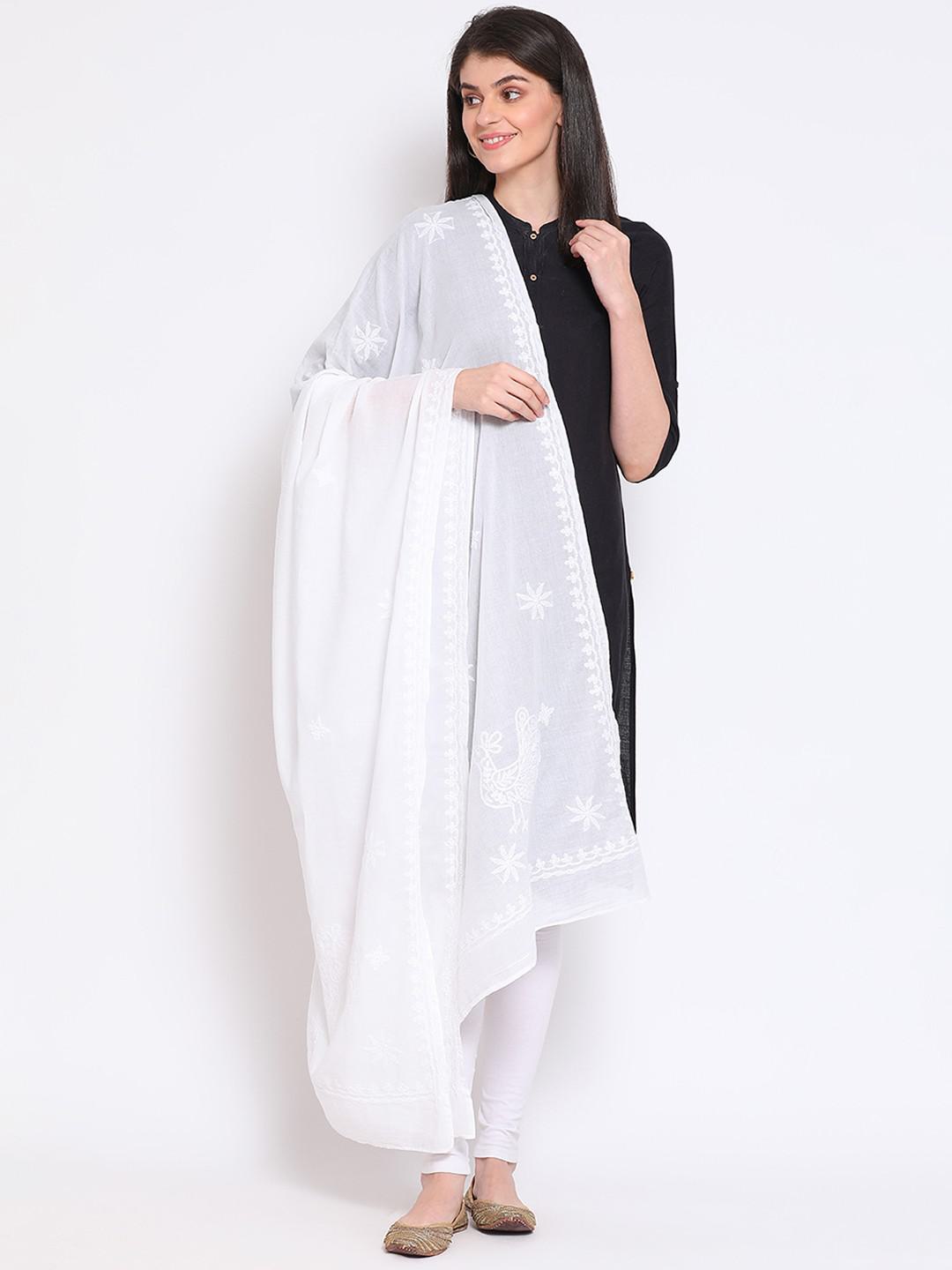 WHITE COTTON MULMUL DUPATTA WITH CHIKANKARI EMBROIDERY