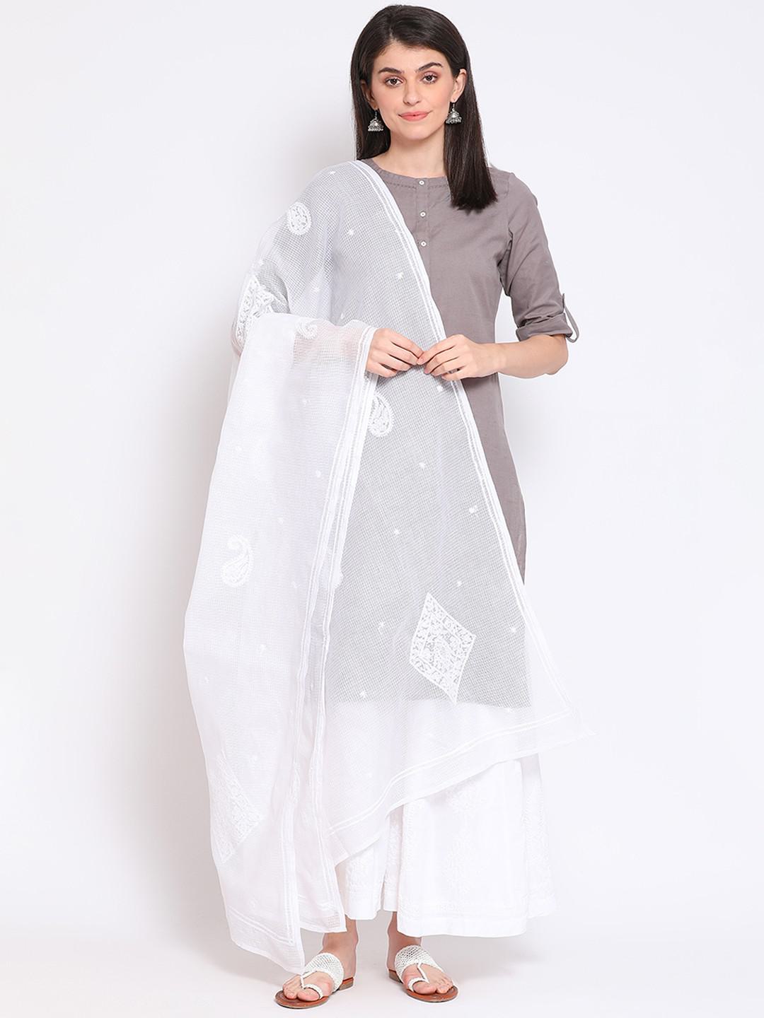 WHITE COTTON KOTA DUPATTA WITH CHIKANKARI EMBROIDERY