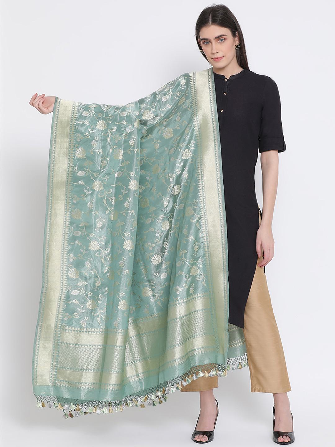 SAGE GREEN WITH SILVER & GOLD HANDWOVEN JAAL EMBROIDERY IN PURE TISSUE SILK BENARASI DUPATTA