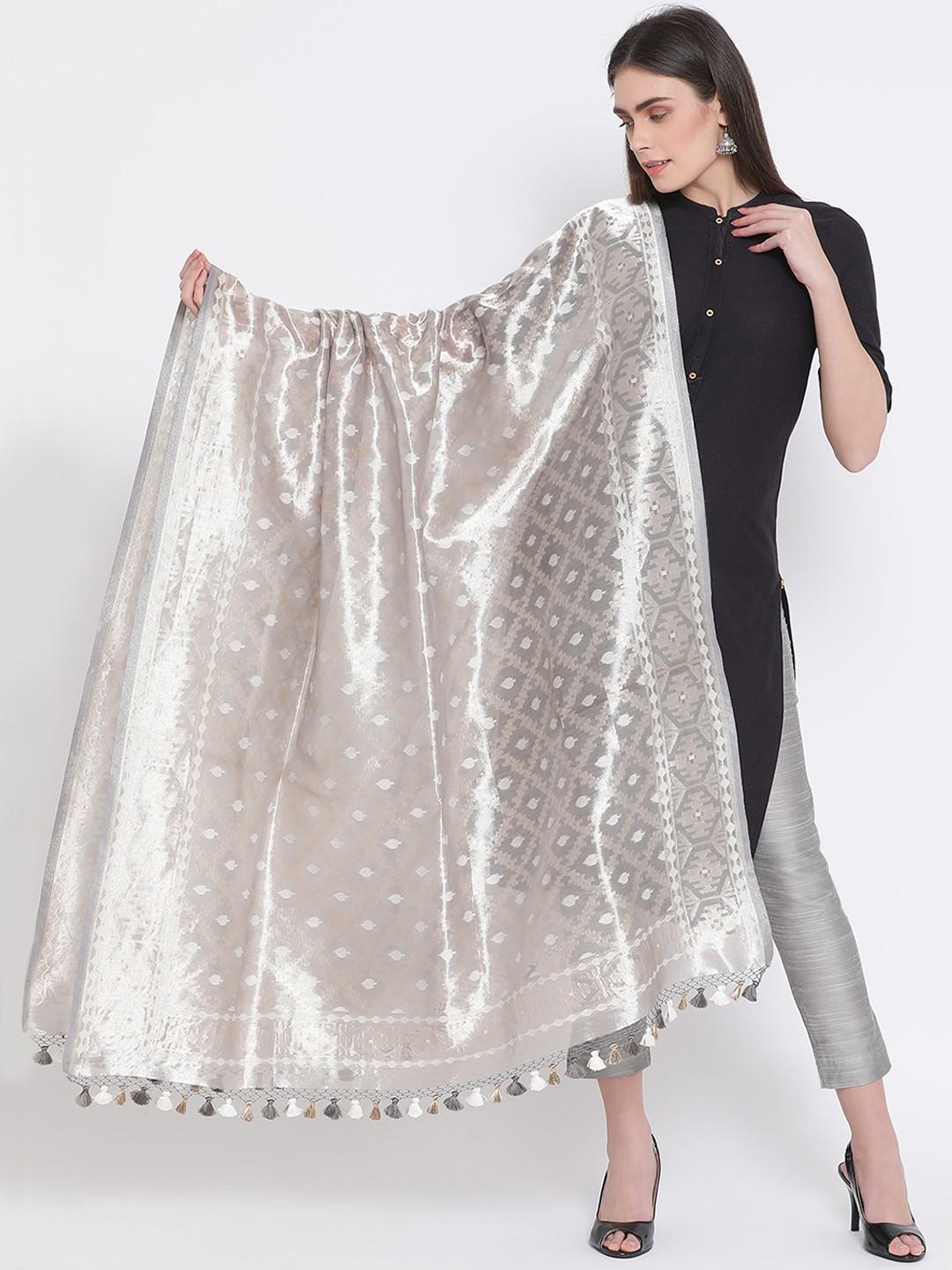 PALE GREY PURE BENARASI TISSUE DUPATTA WITH SILVE & GOLD HANDWOVEN JAAL EMBROIDERY