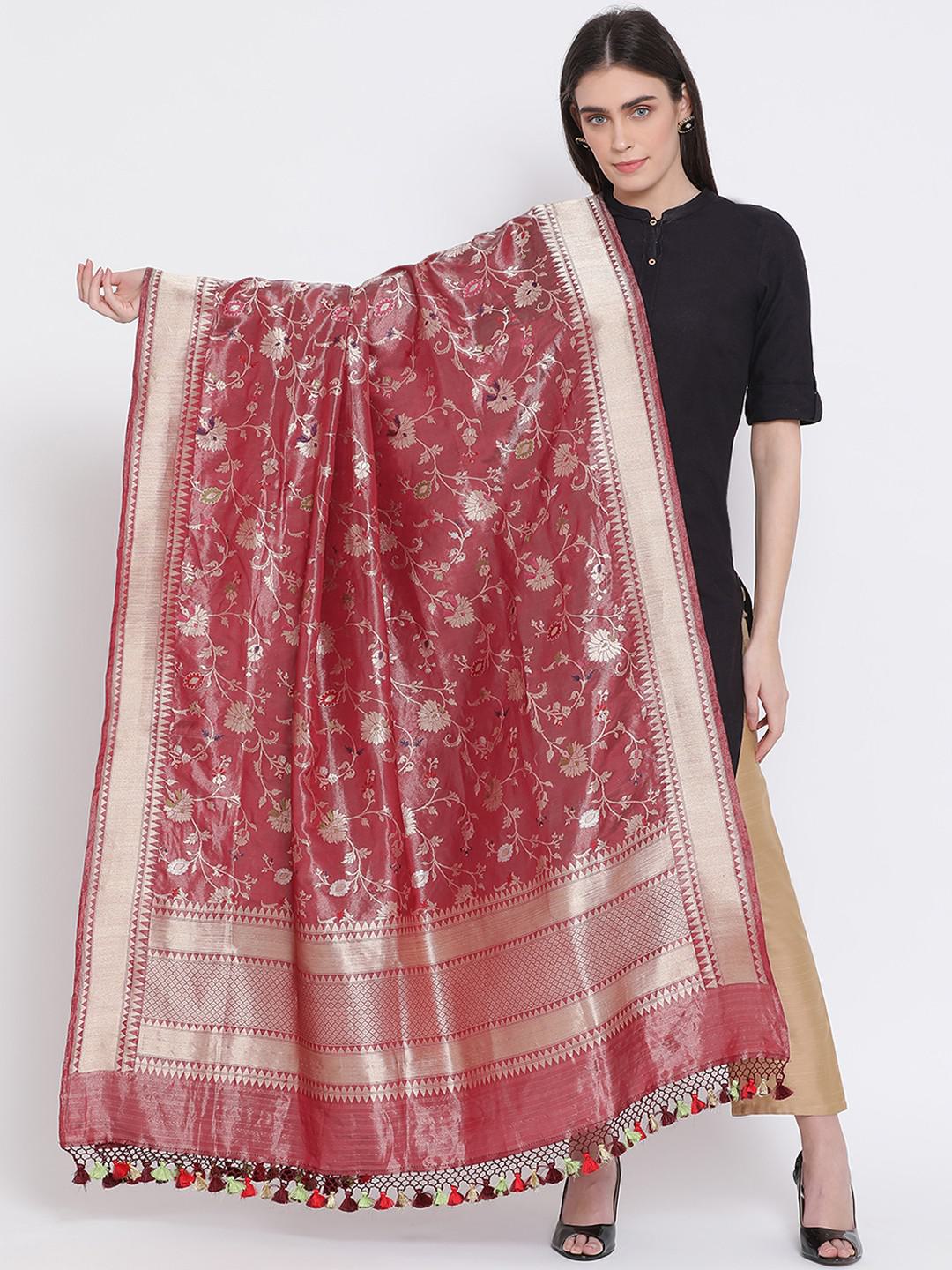 CARMINE MAROON SONA RUPA MULTICOLOUR ZARI HANDWOVEN PURE BENARASI DUPATTA