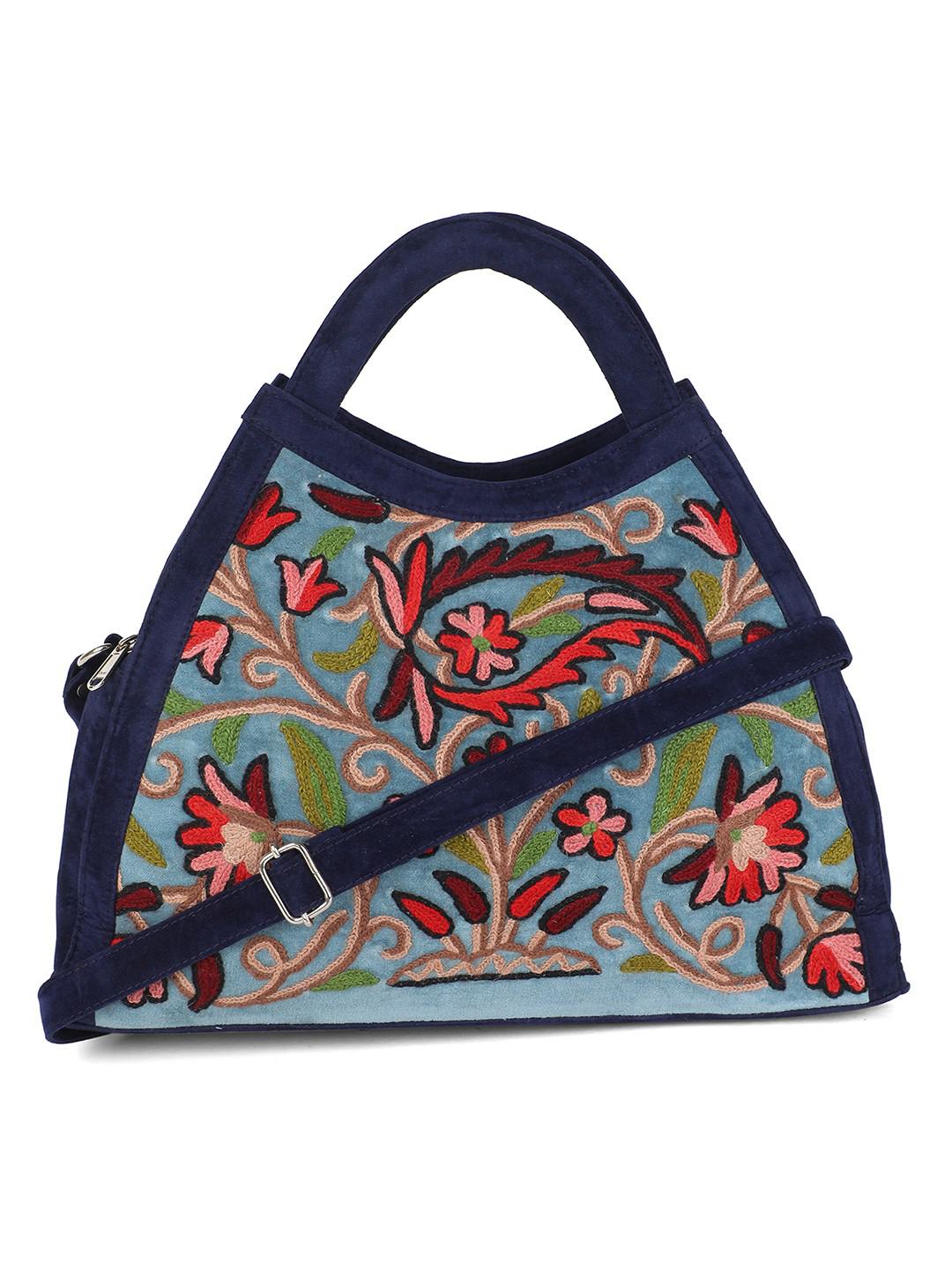 SHADES OF BLUE HANDBAG IN MULTICOLOUR AARI EMBROIDERY ON VELVET & SUEDE