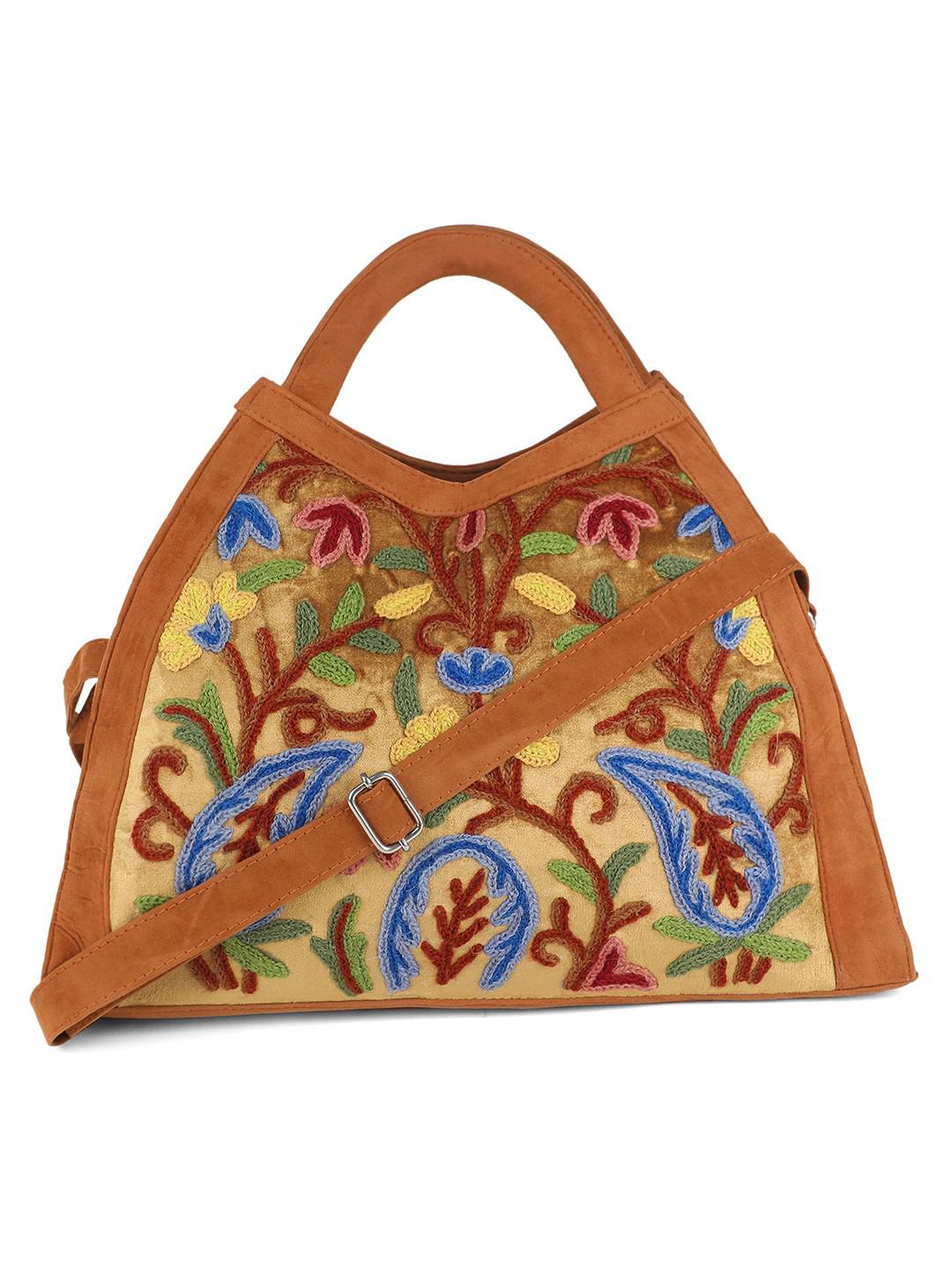 DUAL BROWN TONE HANDBAG  IN MULTICOLOUR AARI EMBROIDERY ON  VELVET & SUEDE