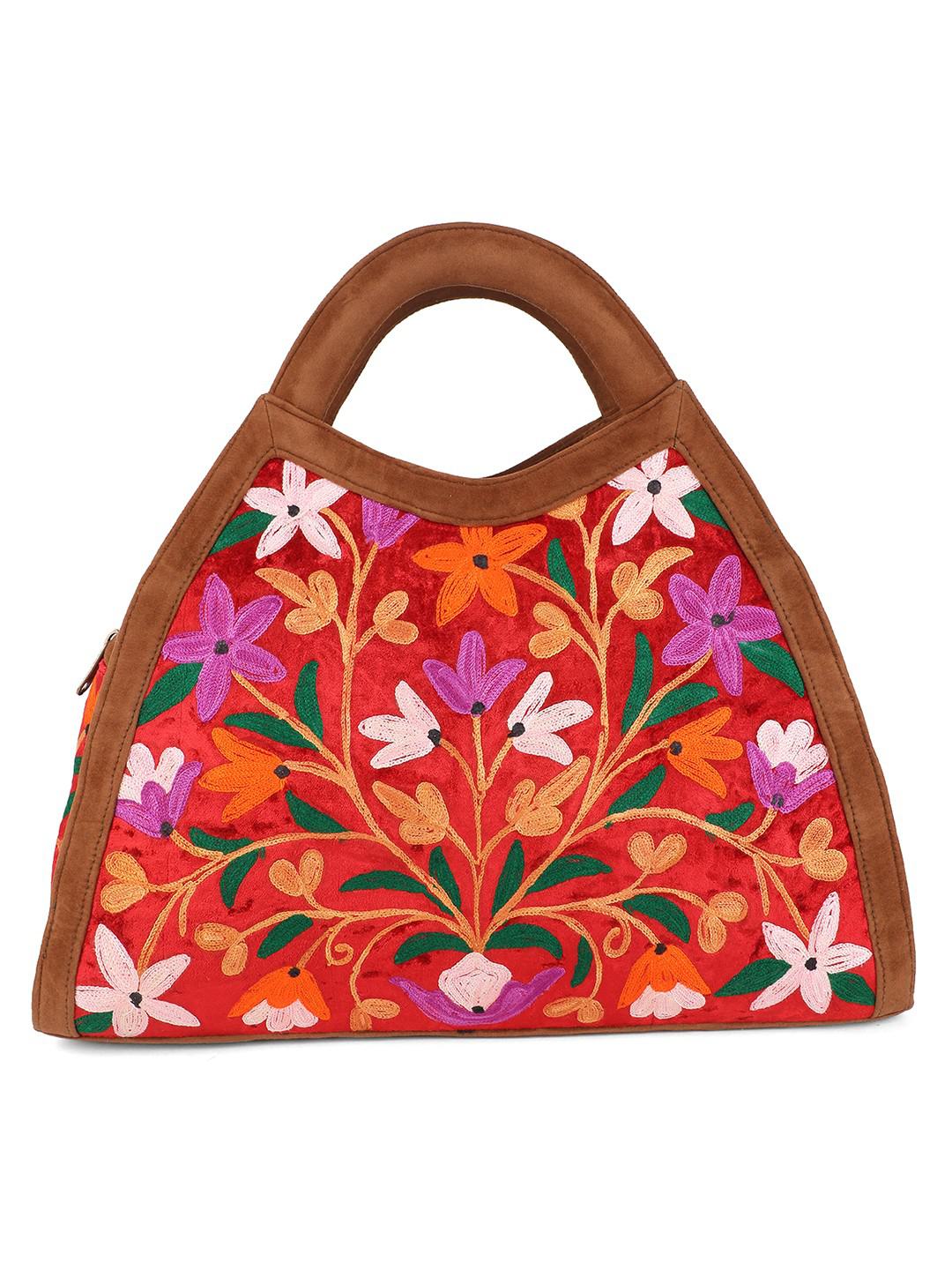 ROSEWOOD &BROWN HANDBAG IN MULTICOLOUR AARI EMBROIDERY ON VELVET & SUEDE