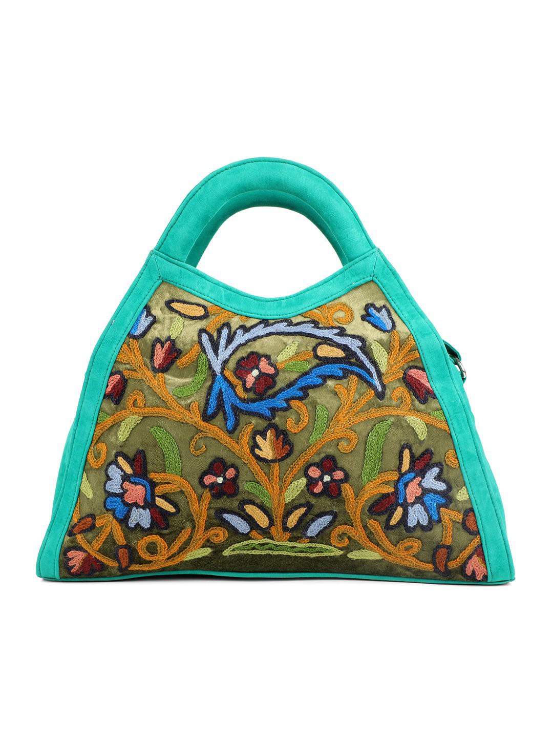 OLIVE GREEN & FOREST GREEN HANDBAG IN MULTICOLOUR AARI EMBROIDERY ON VELVET & SUEDE