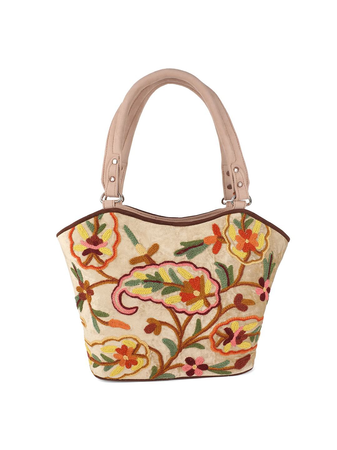 IVORY & BROWN BLUE SUEDE HANDBAG WITH MULTICOLOUR AARI EMBROIDERY IN BUCKET STYLE