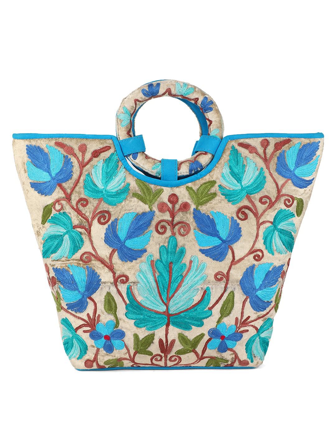 PALE GREEN & TURQ SUEDE HANDBAG WITH MULTICOLOUR AARI EMBROIDERY IN BASKET STYLE