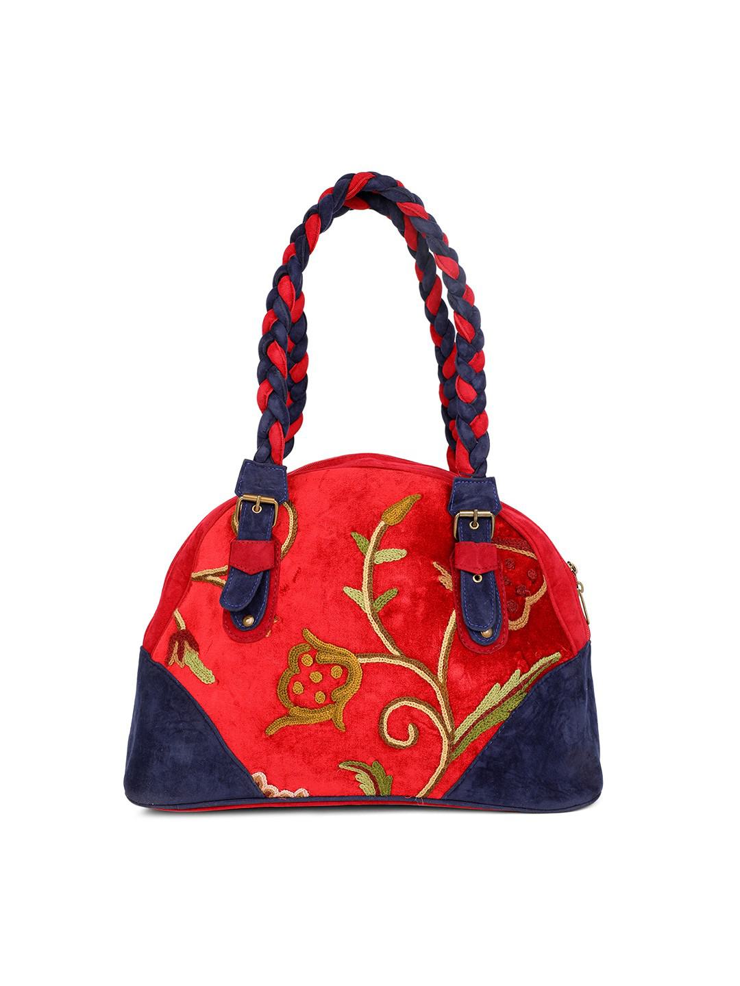 ROSEWOOD SUEDE HANDBAG IN MULTICOLOUR AARI EMBROOIDERY WITH PLEATED ROPE HANDLE