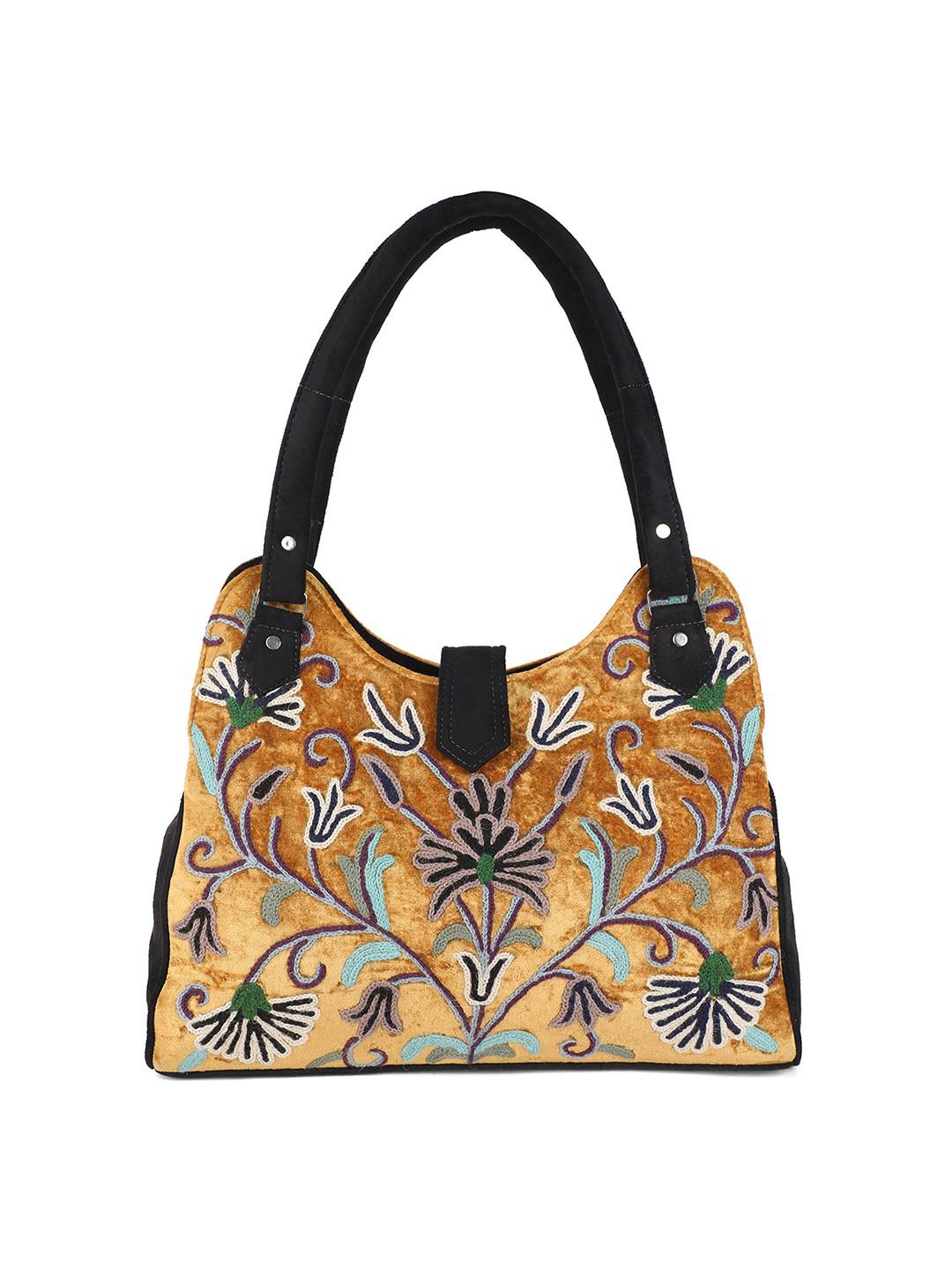 CAMEL & BLACK SUEDE HANDBAG WITH MULTICOLOUR AARI EMBROIDERY IN MOONSHAPE