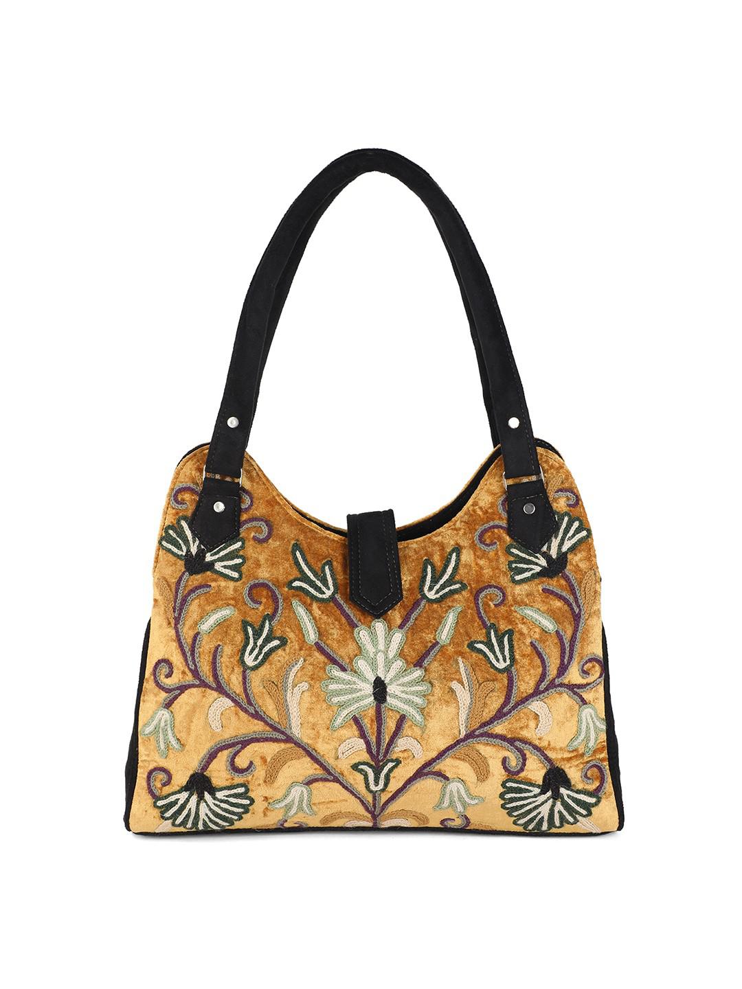 TAWNY BROWN & BLACK SUEDE HANDBAG WITH MULTICOLOUR AARI EMBROIDERY IN MOONSHAPE