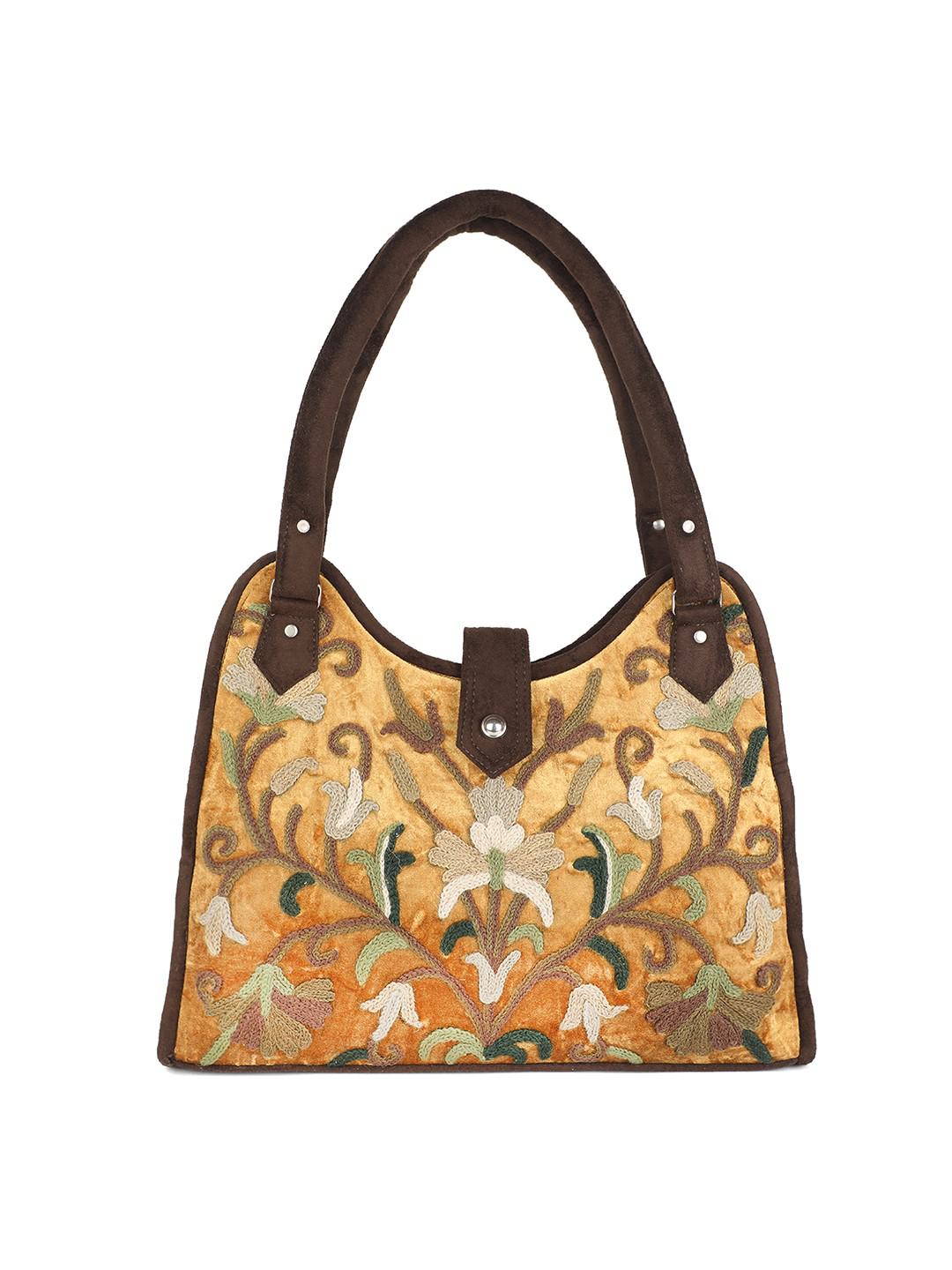 SHADES OF BROWN SUEDE HANDBAG WITH MULTICOLOUR AARI EMBROIDERY IN MOONSHAPE