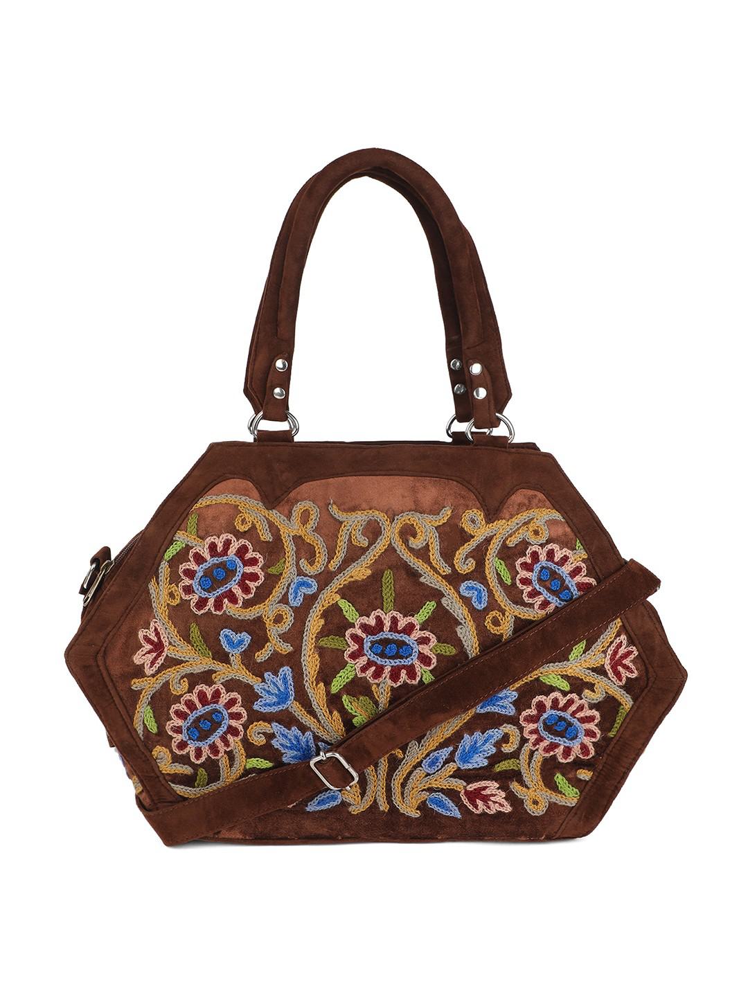 DUAL BROWN TONE HANDBAG  IN MULTICOLOUR AARI EMBROIDERY ON  SILK & SUEDE