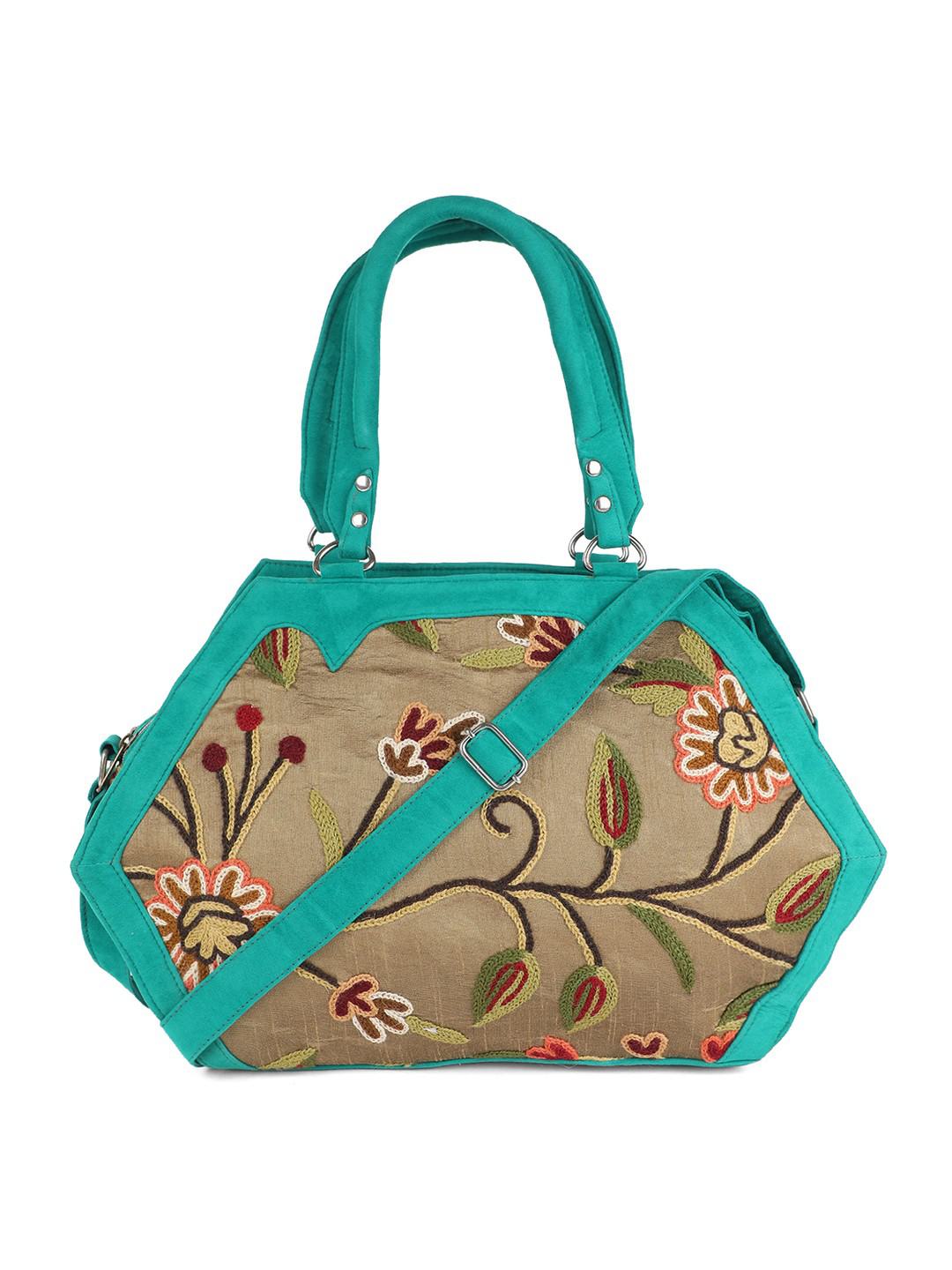 SHADES OF GREEN HANDBAG IN MULTICOLOUR AARI EMBROIDERY ON SILK & SUEDE