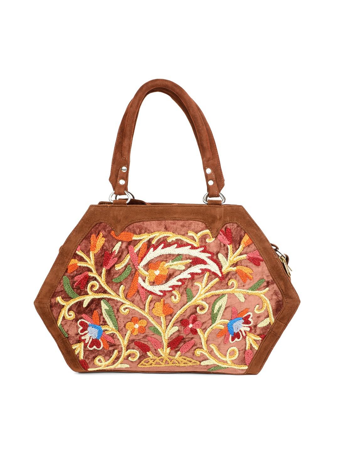 COFFEE BROWN HANDBAG IN MULTICOLOUR AARI EMBROIDERY ON SILK & SUEDE