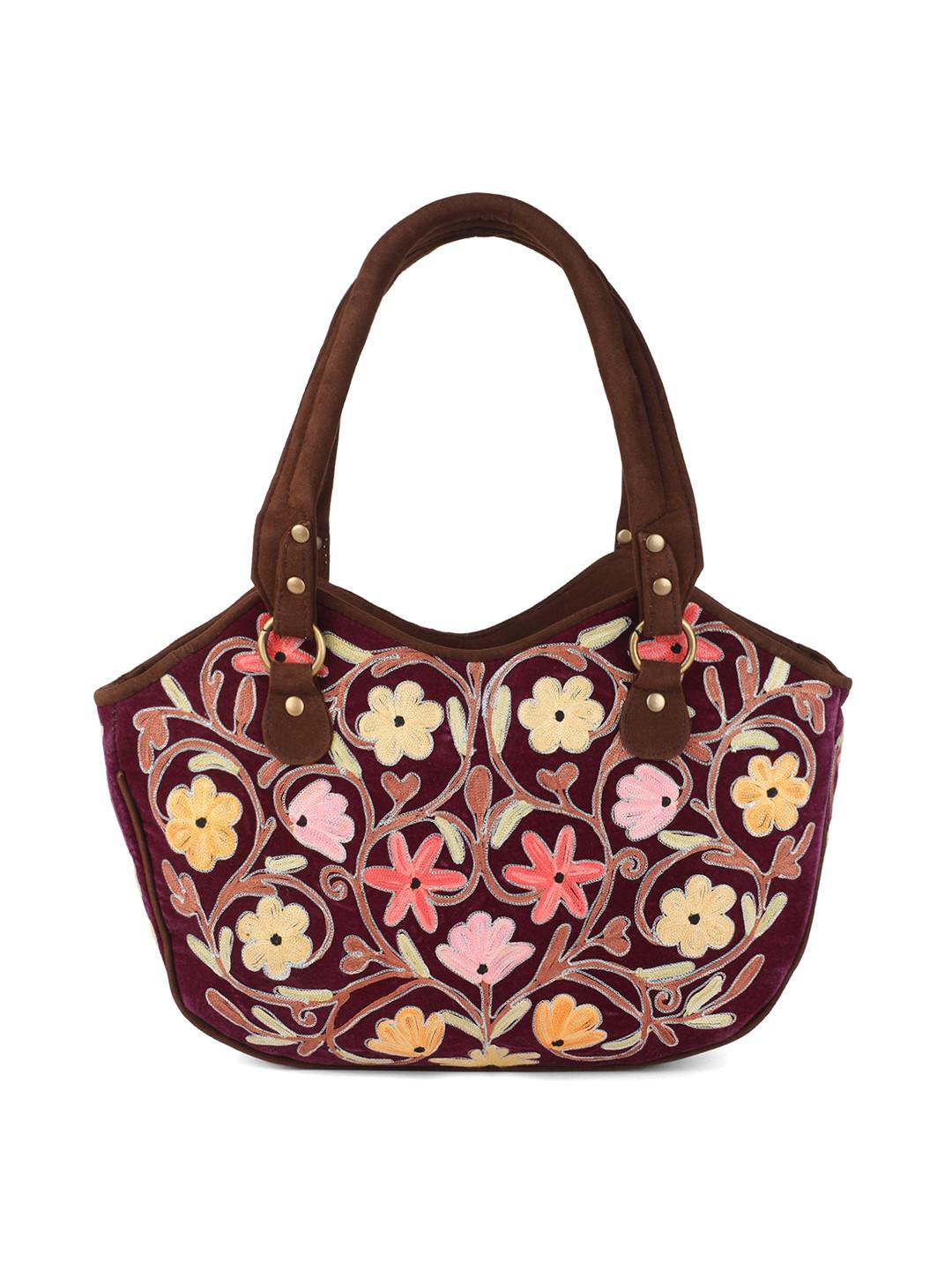 PLUM SUEDE HANDBAG WITH MULTICOLOUR AARI EMBROIDERY IN MOONSHAPE