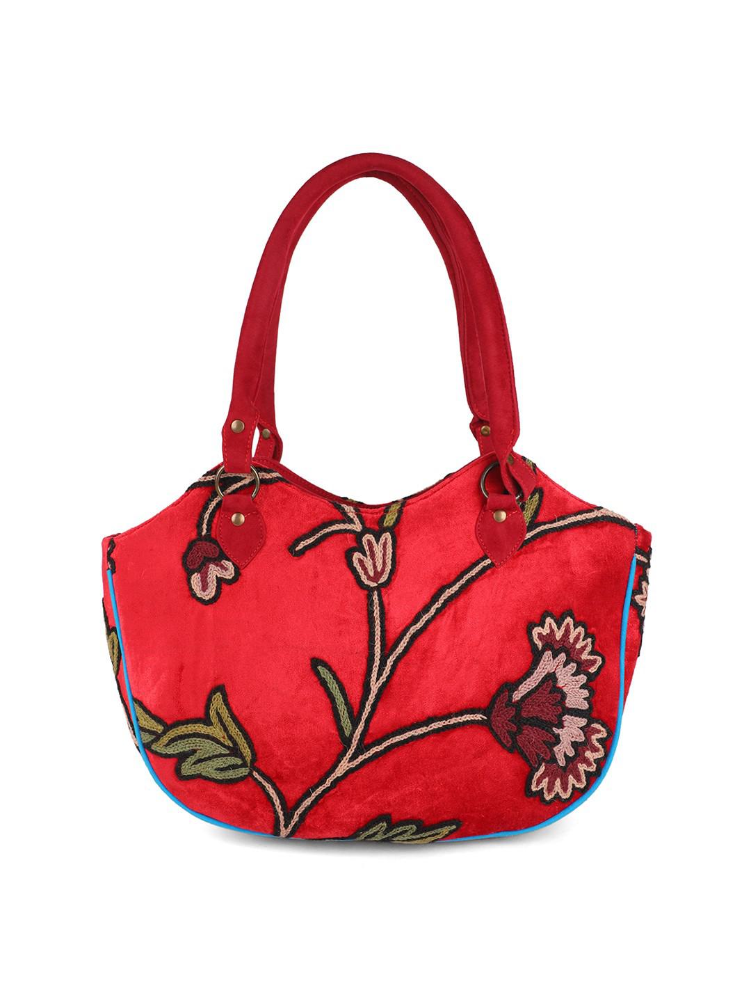 RED & TURQ BLUE SUEDE HANDBAG WITH MULTICOLOUR AARI EMBROIDERY IN MOONSHAPE