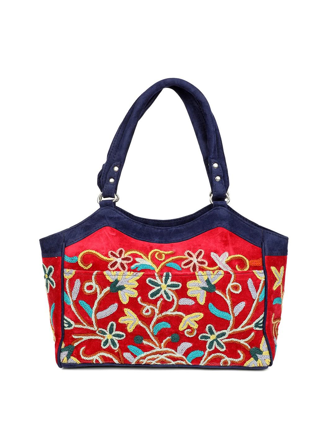 ROSEWOOD & NAVY BLUE SUEDE HANDBAG WITH MULTICOLOUR AARI EMBROIDERY IN MOONSHAPE